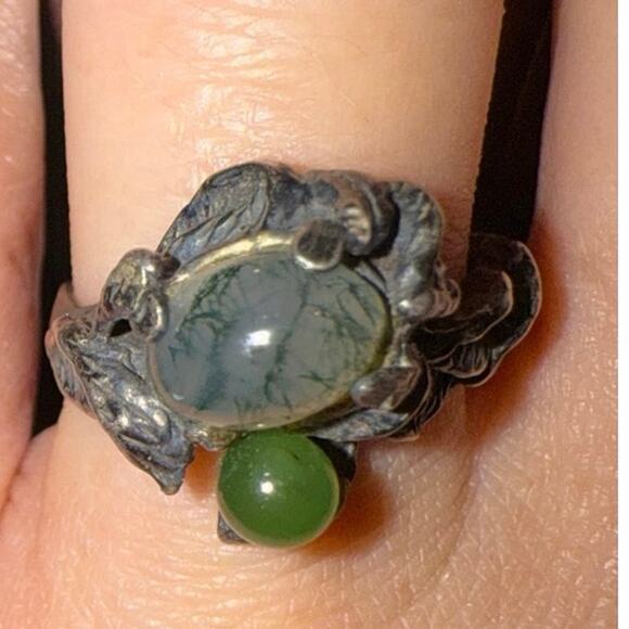 VINTAGE Moss Agate 925 Sterling Silver Artisan Brutalist Ring Sz. 5.25 Gemstone - Picture 4 of 14